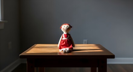 Ceramic doll on a wooden table with dramatic lighting and neutral backdrop