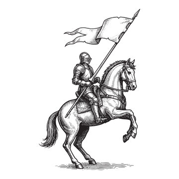 Medieval Knight in Full Armor on Horseback Carrying a Flag Spear Banner