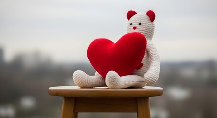 Stuffed bear holding a red heart on a wooden stool against a blurred background