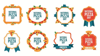 A collection of colorful National Pizza Day illustrations featuring badges, labels, and ribbons with Italian food themes on a white background.