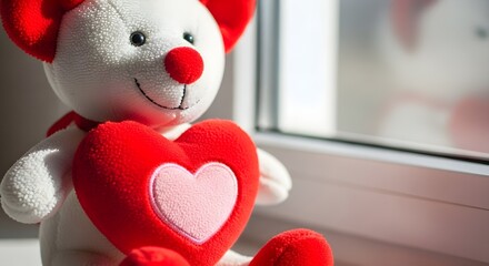 Stuffed bear holding heart against window ideal for love and affection themes