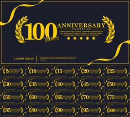 Naklejka premium Set of yellow anniversary award logo isolated with laurel wreath and ribbon on black background. vector illustration template design for web banner