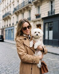 Elegant woman with Maltese dog on a cobblestone city street