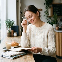 Smiling Woman Writing in Notebook at Cafe