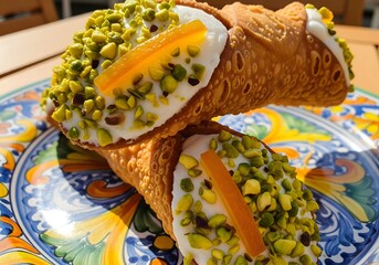 Sicilian Cannoli with Pistachios and Candied Orange on Ceramic Plate