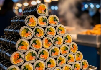 Vibrant Korean Kimbap Stacked at a Lively Street Food Market