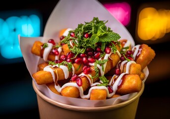Crispy halloumi fries bucket with pomegranate mint and sauce at neon night market