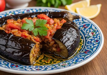 Turkish Imam Bayildi stuffed eggplant with tomato and herbs on patterned plate