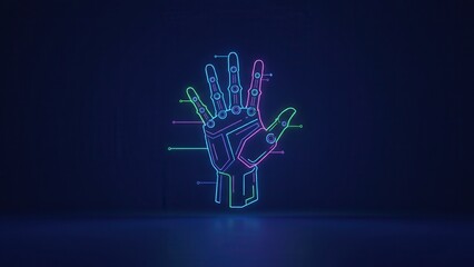 Dynamic neon glow outlines a futuristic robotic hand illustration depicting advanced human-machine