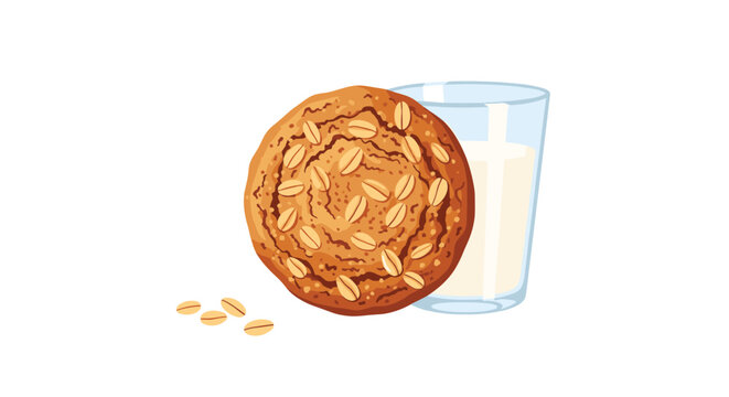 A single, wholesome oatmeal cookie next to a glass of milk, with a few loose oat flakes scattered on a white background.