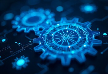 Abstract blue digital gears symbolizing AI innovation, business technology growth, futuristic industry transformation, automation, data networks, and intelligent systems powering modern enterprises.