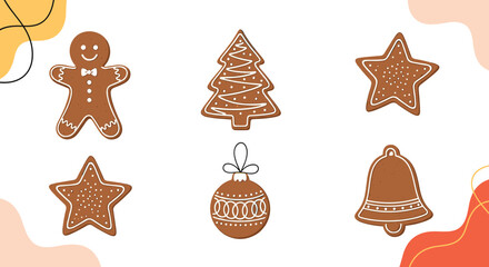 Collection of various Christmas gingerbread cookies including a man, tree, stars, bell, and ornament on a festive background.