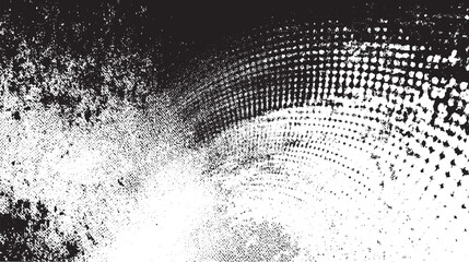 Dynamic abstract background with a radiating halftone dot pattern and a heavy grunge texture creating a sense of movement and decay in black and white