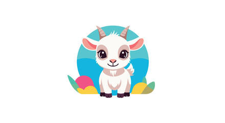 Obraz premium A cute and charming baby goat with large eyes and small horns, sitting in a colorful, stylized natural setting with a blue background.