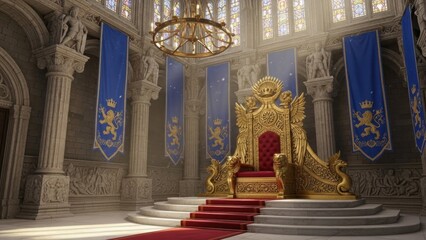 Fototapeta premium Majestic Golden Throne with Lion Statues in a Medieval Royal Hall with Banners