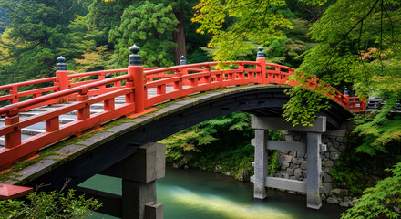 bridge in the park, Close-up of Traditional Red Japanese Bridge with Lush Green Foliage Background