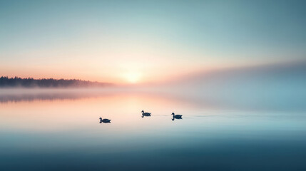 Fototapeta premium Morning mist hovering over lake surface with three ducks swimming peacefully at sunrise creating calm and serene atmosphere