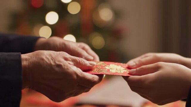 Close-up Giving Red Packet Lunar New Year Tradition Warm Bokeh Lighting