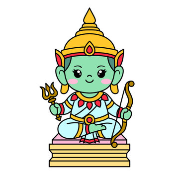 Lord Indra, Green deity cartoon sticker with crown and weapon smiling in meditative pose, playful and peaceful