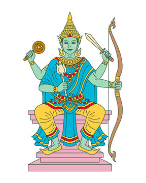 Lord Indra, Green deity statue seated on decorative throne holding mace, lotus scepter, sword and bow, wearing traditional crown and flowing robe with serene expression and ornate jewelry