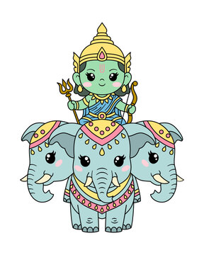 Lord Indra, Cute green deity sitting on three decorated elephant facing forward with joyful expression and colorful ornamentation, Three-headed Erawan elephant