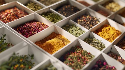 A close-up, angled perspective reveals a rich assortment of colorful spices and dried herbs meticulously arranged in individual compartments.