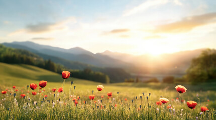 Wild poppy flowers bloom in sunlit meadow with rolling hills and distant mountains under soft sky at sunset