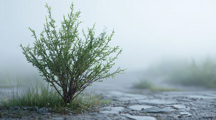 A solitary bush thriving in a foggy environment with a blurred background of the surrounding path