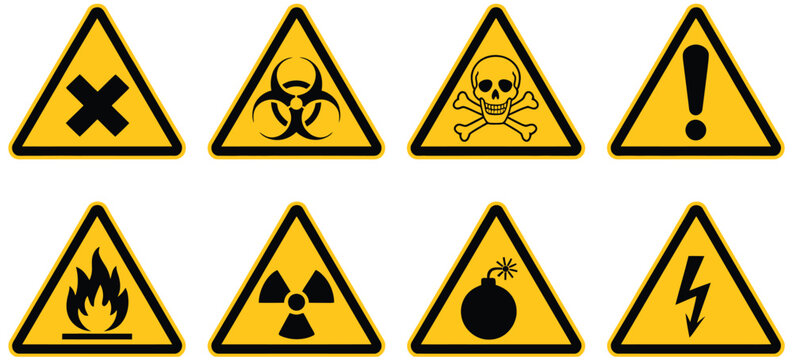 Hazardous Material Safety Warning Signs, Black Symbols on Yellow Background, High Visibility Industrial Risk Icons for Chemical Handling, Workplace Safety, and Regulatory Compliance.
