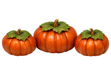 Three orange pumpkins adorn a transparent background, symbolizing the fall season, harvest celebrations, and upcoming holidays