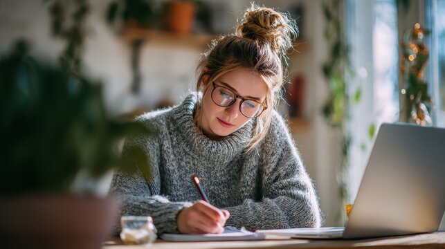 Young woman studying at home