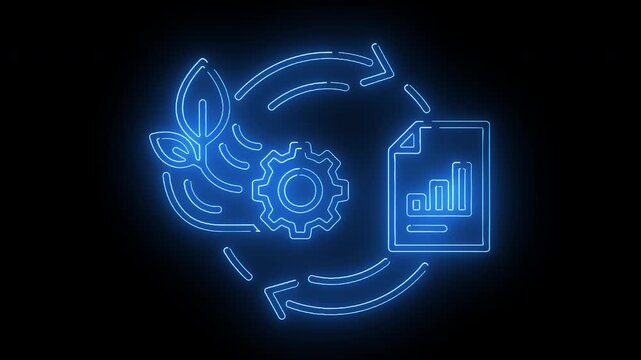 Glowing blue neon icon of a gear, leaf, and document with a bar graph in a circular arrow cycle against a black background.