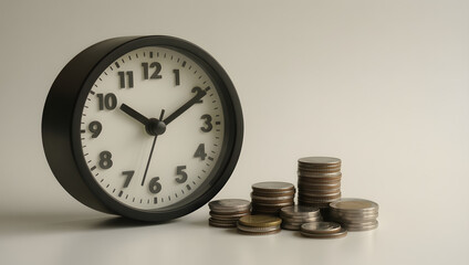 Clock with Stacks of Coins, Time Value of Money, Savings Growth and Financial Planning Concept