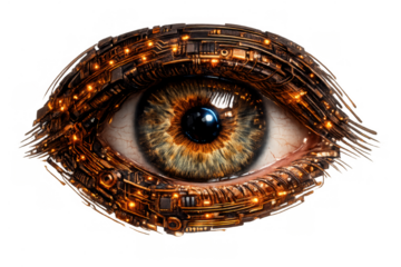 Futuristic cyborg eye blending human biology with intricate technology, symbolizing ai, data, and the future of sight. Transparent background