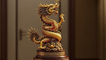 Fototapeta premium Ornate golden dragon statue with intricate details sits on a decorative pedestal.