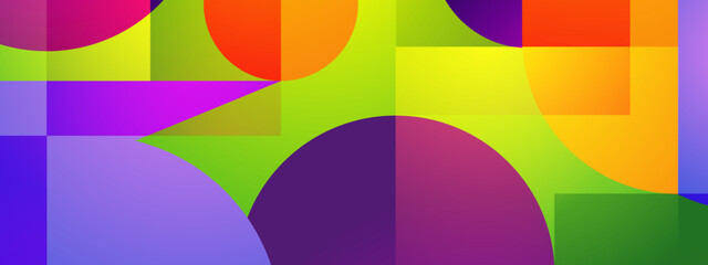 Obraz premium A complex layered design featuring translucent circles and rectangles with rainbow gradients