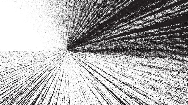 Energetic black and white abstract pattern with radial lines and dots expanding from a central point creating a sense of motion