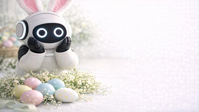 Cute white robot wearing bunny ears sitting among pastel Easter eggs on bright minimal background. Easter greeting concept with copy space and spring mood