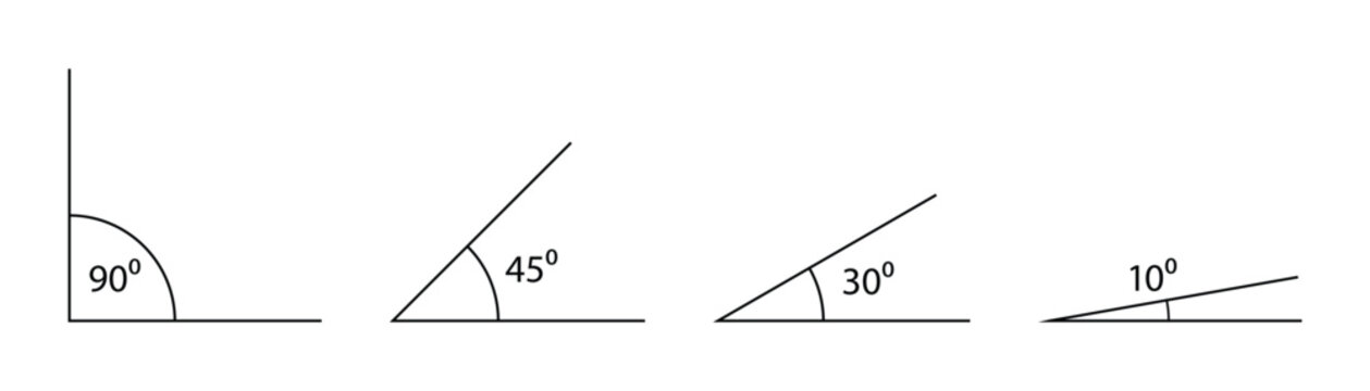 Angle icons. Angles with degree measurements, including 90, 45, 30, and 10 degrees. Transparent PNG and vector