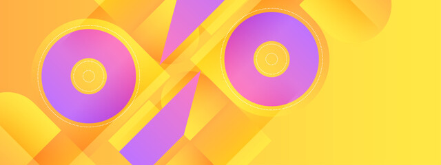 Bright yellow and orange background featuring large pink gradient circles and angular shapes