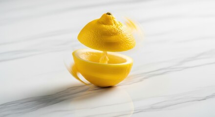 Dynamic citrus display showcasing spinning lemon halves on bright marble surface