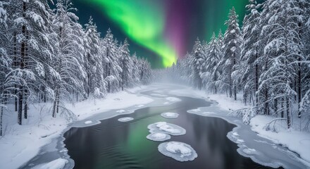 A serene winter landscape featuring the mystical aurora borealis over a snowy river