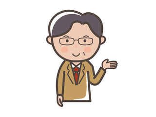 説明をする眼鏡をかけた中高年男性ビジネスマンの上半身イラスト