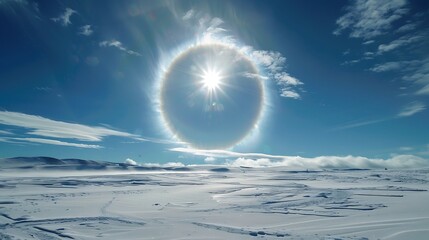 A bright sun shines through a halo in a blue sky over a snowy landscape with scattered clouds and mountains