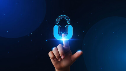 Digital Security Concept with Finger Touching Glowing Lock Icon on Abstract Blue Technology Background