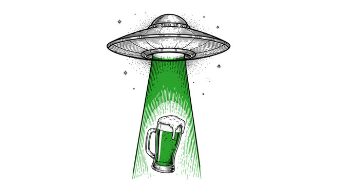 Engraving Art UFO Stealing Green Beer Glass with Beam of Light, St Patrick's Day Concept for Holiday Fun Blogs, Brewery Promotions, and Festive Social Media.