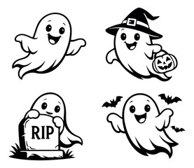 Cute cartoon line art ghost character set featuring a witch ghost, a tombstone ghost, and flying ghosts with bats for Halloween