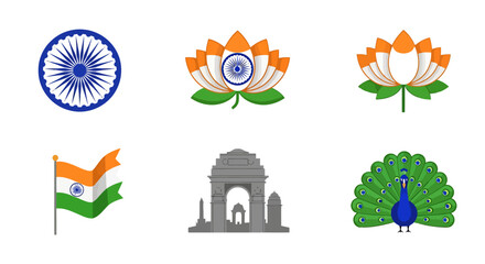 Collection of Iconic National Symbols Including National Emblem National Flower National Flag National Monument and National Bird Representing Indian