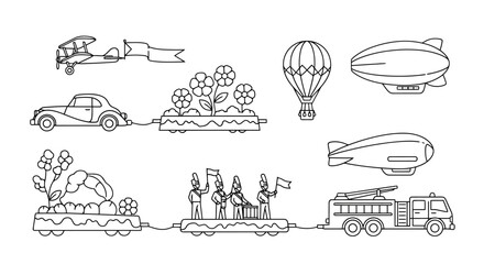 Vintage Transportation Parade Elements Featuring Airships Hot Air Balloons Automobile and Fire Engine With Elaborate Floats Celebrating Festivity © Jonmart