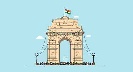 Historic Arch Monument with Flag and Crowd Celebrating National Holiday in Clear Sky Vector Art